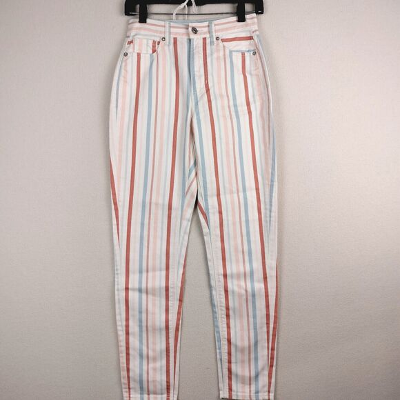 American Eagle Jeans Womens Size 00 Multicolor Striped Denim Taper Mom Pants Y2K - Picture 1 of 16